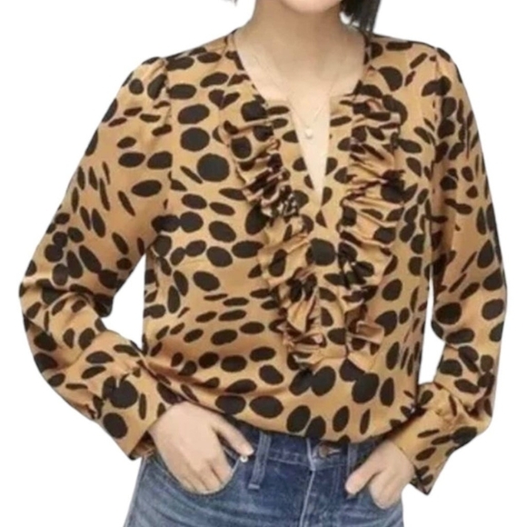 J. CREW SZ XXL Long-sleeve silky ruffle-front top in wavy dots NEW WT121 - Picture 1 of 9